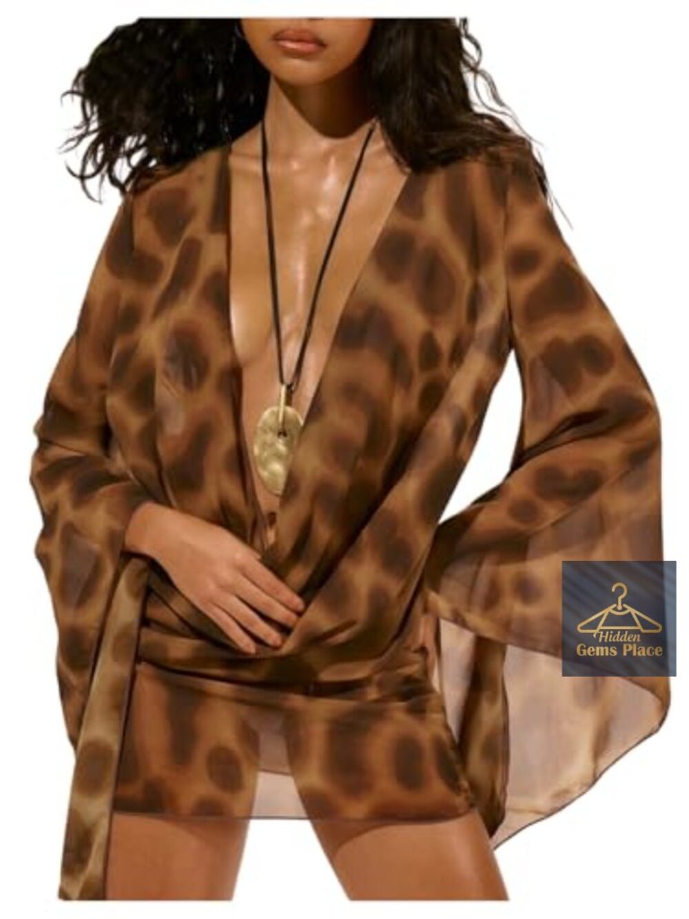 Leopard Cover Up Deep V Cowl Neck Bell Sleeve Chiffon Mini Dress